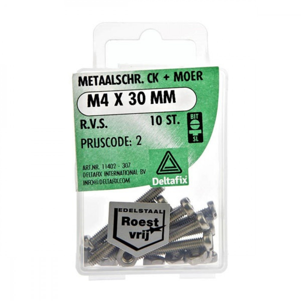 Metaalschroef + Moer CK RVS CK M4x30mm 10st