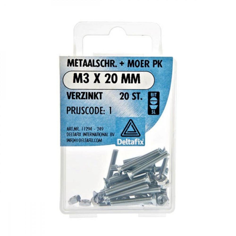Metaalschroef + Moer PK Verzinkt M3x20mm 20st